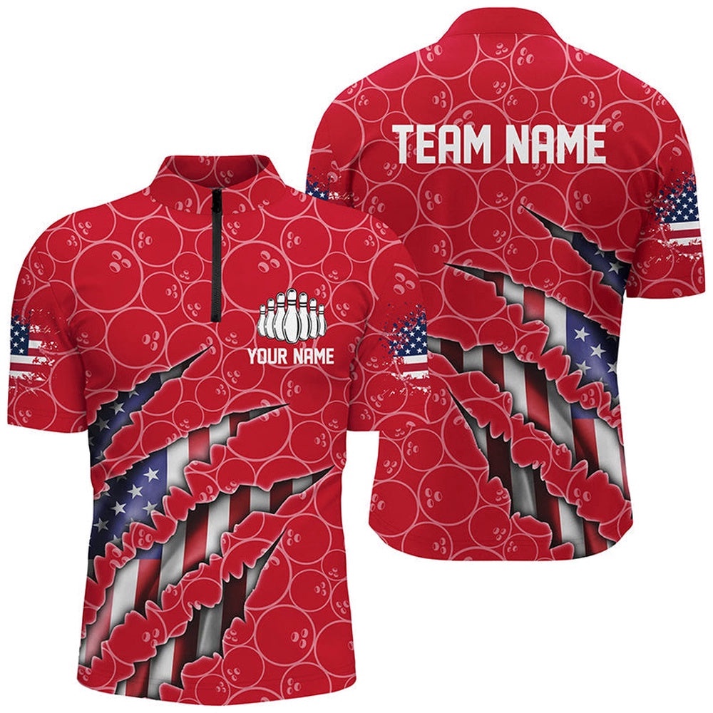 Patriotic Bowling Zip Shirts For Men, American Flag Bowling Uniform Bowlers Outfit Red, Custom Bowling Team Jersey Shirt Patriotic Bowling Zip Shirts For Men, American Flag Bowling Uniform Bowlers Outfit Red, Custom Bowling Team Jersey Shirt