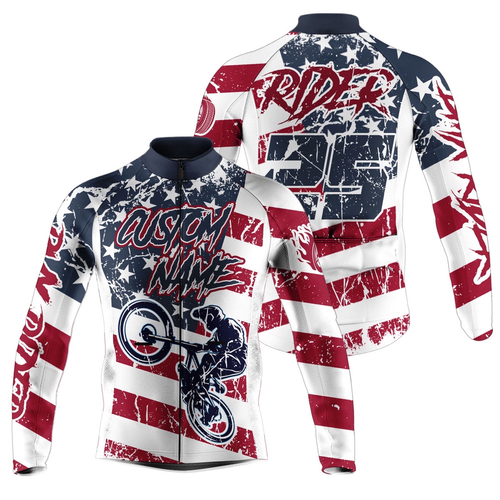 Patriotic Cycling Jersey Cycle Gear With 3 Pockets Anti Uv Full Zip American Off Road Shirt, Custom Mono Cycling Jersey