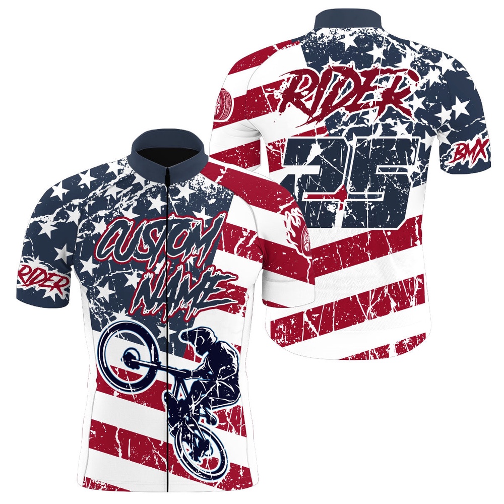 Patriotic Cycling Jersey Cycle Gear With 3 Pockets Anti Uv Full Zip American Off Road Shirt, Custom Mono Cycling Jersey