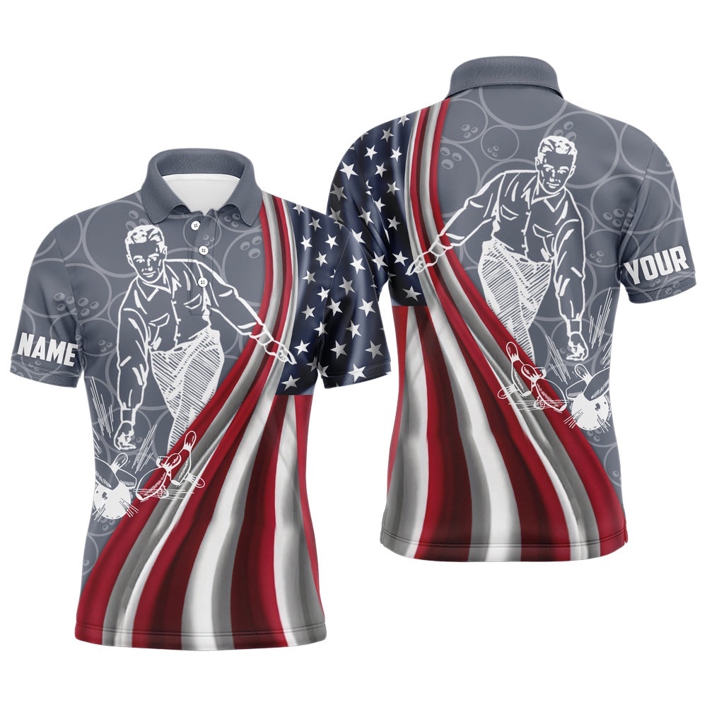Patriotic Men’s Polo Bowling Shirt, American Flag Custom Name Bowlers Polo Shirt Short Sleeve, Personalized Bowling Team Shirt Patriotic Men’s Polo Bowling Shirt, American Flag Custom Name Bowlers Polo Shirt Short Sleeve, Personalized Bowling Team Shirt