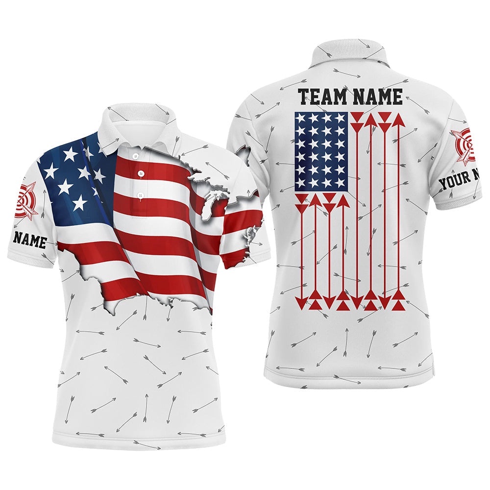 Patriotic USA Flag Archery Men Polo Shirts Custom Name Archery Team Uniform Shirts, Custom Archery Team Polo Shirt