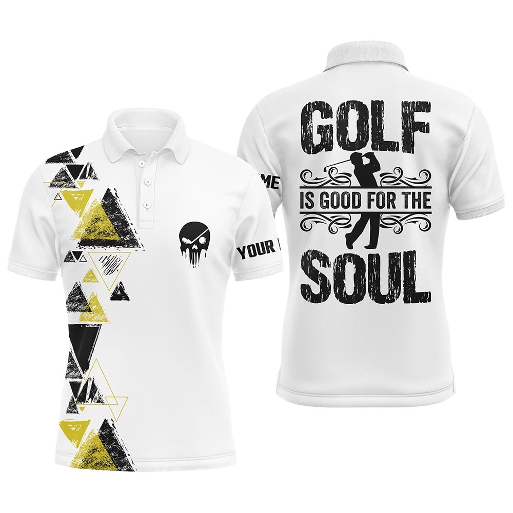 Personalized Black Yellow Triangle Custom White Men’s Golf Polo Shirts Golf Is Good For The Soul, Golf Polo Shirt, Golf Shirts Personalized Black Yellow Triangle Custom White Men’s Golf Polo Shirts Golf Is Good For The Soul, Golf Polo Shirt, Golf Shirts