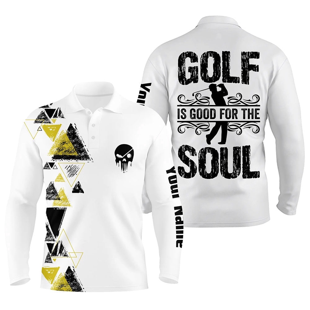 Personalized Black Yellow Triangle Custom White Men’s Golf Polo Shirts Golf Is Good For The Soul, Golf Polo Shirt, Golf Shirts Personalized Black Yellow Triangle Custom White Men’s Golf Polo Shirts Golf Is Good For The Soul, Golf Polo Shirt, Golf Shirts