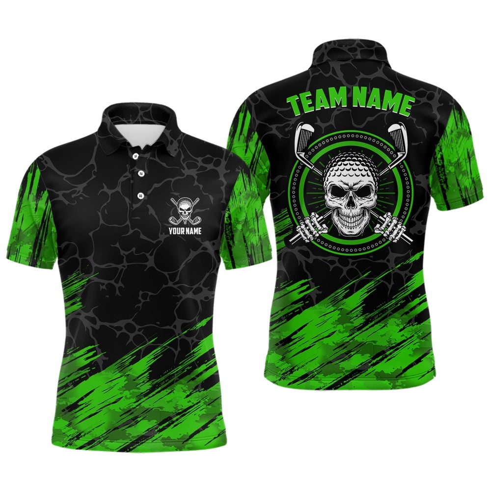 Personalized D All Over Print Skull Men’s Golf Polo Shirt, Green & Black Golf Shirts For Men, Golf Polo Shirt, Golf Shirts