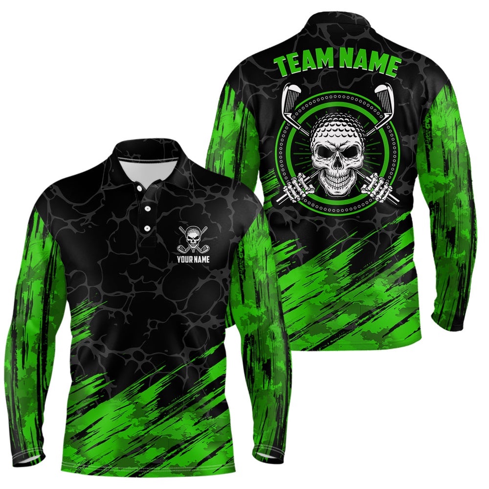 Personalized D All Over Print Skull Men’s Golf Polo Shirt, Green & Black Golf Shirts For Men, Golf Polo Shirt, Golf Shirts