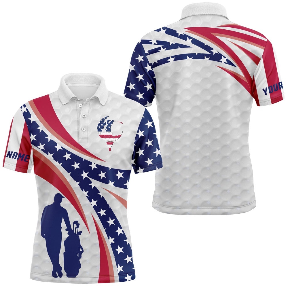Personalized Golf Polo Shirts American Flag White Custom Name Men’s Long Sleeve Golf Tops, Golfing Gift, Golf Polo Shirt, Golf Shirts