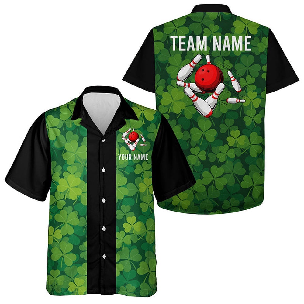 Personalized Green Clover Black Retro Bowling Hawaiian Shirts, Custom Team Bowling Hawaiian Shirt Personalized Green Clover Black Retro Bowling Hawaiian Shirts, Custom Team Bowling Hawaiian Shirt