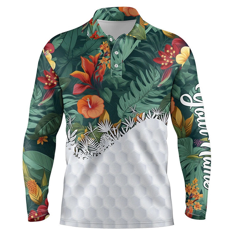 Personalized Green Tropical Plants And Flowers Pattern Men’s Golf Polo Shirts Best Men’s Golf Wears, Golf Polo Shirt, Golf Shirts