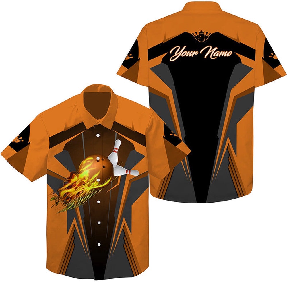 Personalized Hawaiian Bowling Shirts, Bowling Shirt For Men Bowlers Orange, Custom Team Bowling Hawaiian Shirt