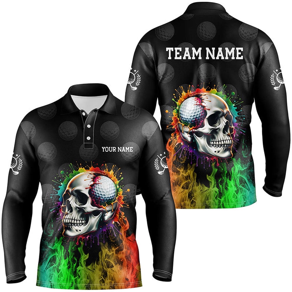Personalized Men’s Golf Polos Shirts Custom Rainbow Flame Skull Fire Black Golf Apparel For Men, Golf Polo Shirt, Golf Shirts