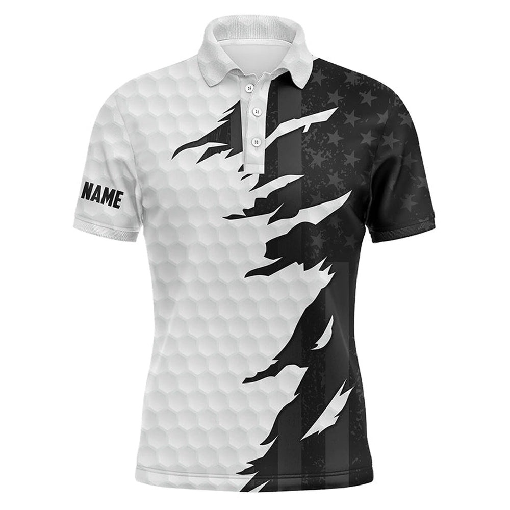 Personalized Men’s Golf Polos Shirts Custom White Golf Ball Skin Black American Flag Men’s Golf Apparel, Golf Polo Shirt, Golf Shirts