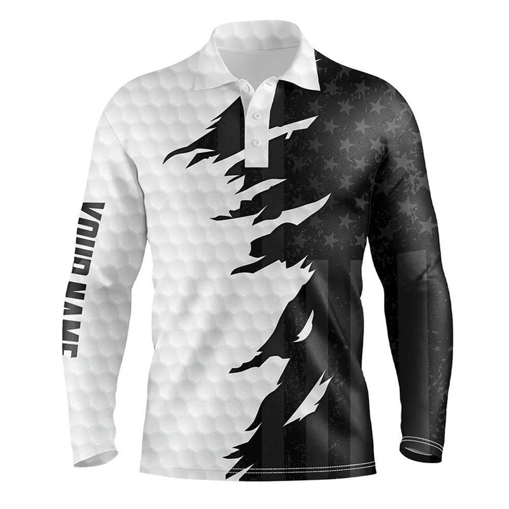 Personalized Men’s Golf Polos Shirts Custom White Golf Ball Skin Black American Flag Men’s Golf Apparel, Golf Polo Shirt, Golf Shirts