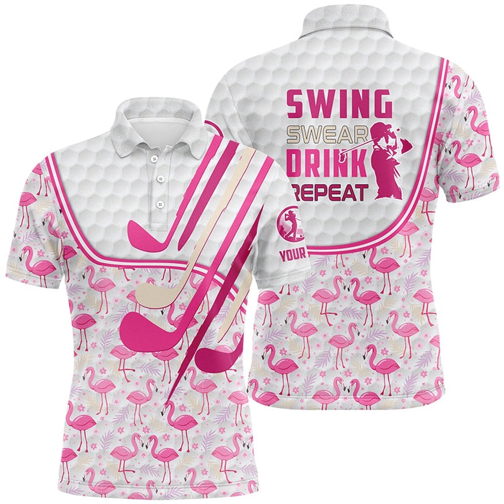 Personalized Pink Flamingo Pattern Golf Clubs Polo Shirt For Men Custom Swing, Swear, Drink, Repeat, Golf Polo Shirt, Golf Shirts