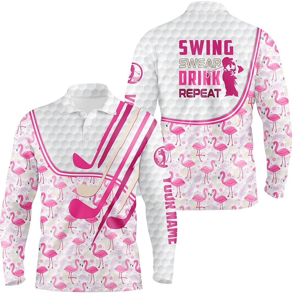 Personalized Pink Flamingo Pattern Golf Clubs Polo Shirt For Men Custom Swing, Swear, Drink, Repeat, Golf Polo Shirt, Golf Shirts