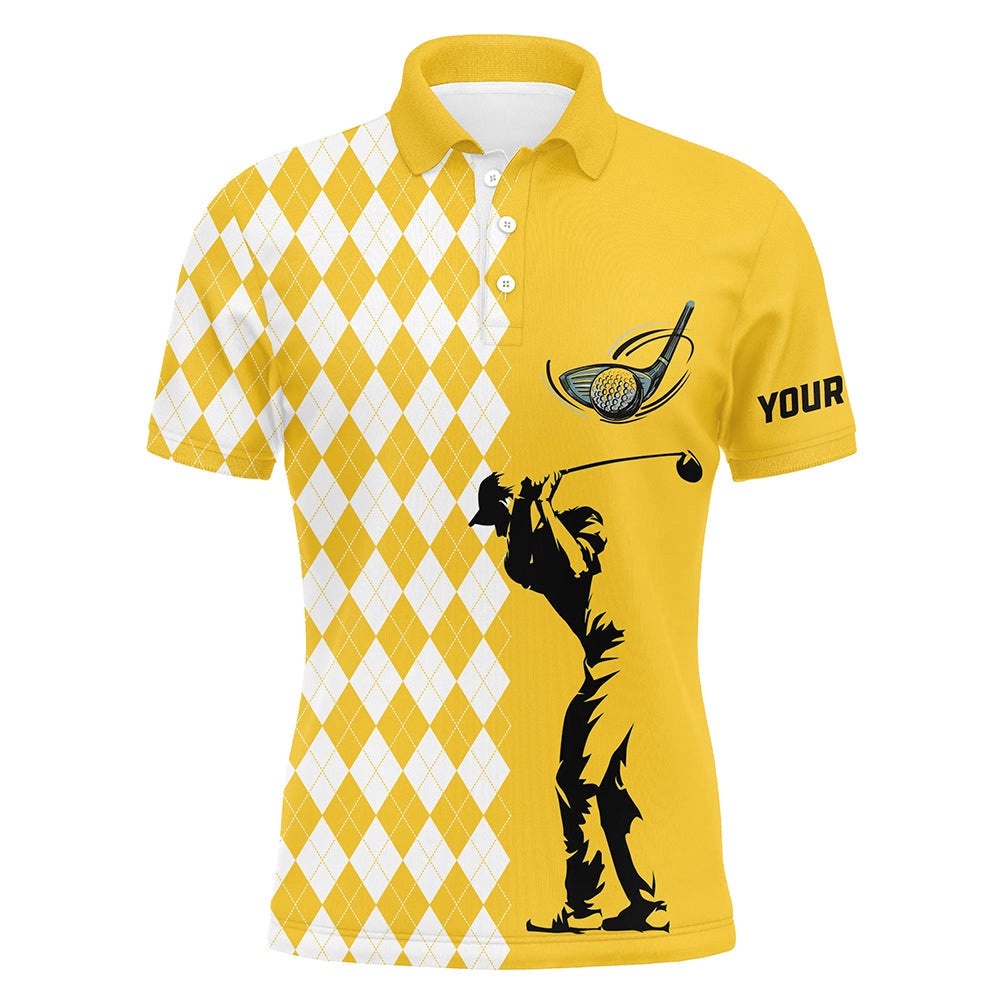 Personalized White Argyle Plaid Pattern Men’s Custom Yellow Golf Tops For Men’s, Golf Polo Shirt, Golf Shirts Personalized White Argyle Plaid Pattern Men’s Custom Yellow Golf Tops For Men’s, Golf Polo Shirt, Golf Shirts