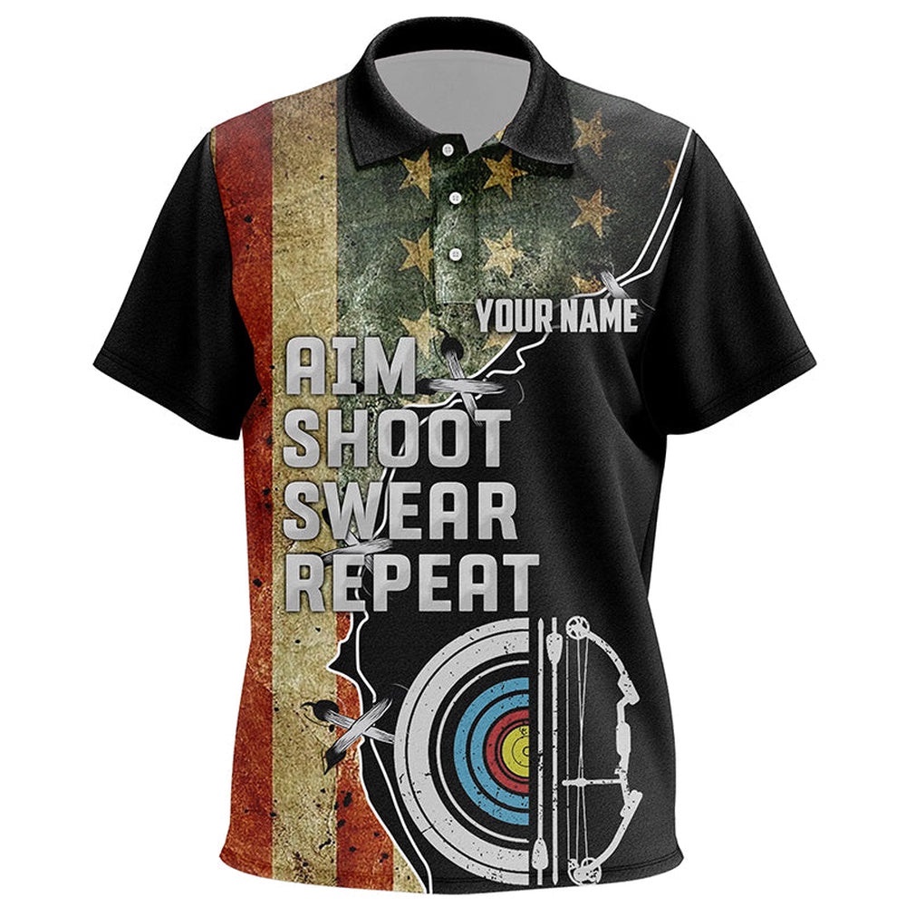 Personalzied Aim Shoot Swear Repeat Archey Polo Shirts, Vintage US Flag Archery Shirts, Custom Archery Team Polo Shirt Personalzied Aim Shoot Swear Repeat Archey Polo Shirts, Vintage US Flag Archery Shirts, Custom Archery Team Polo Shirt