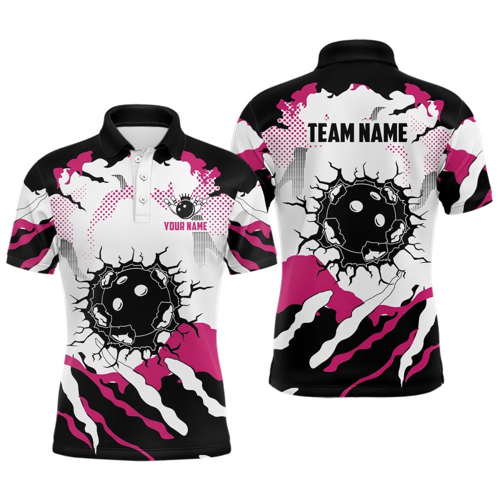 Pink And White Camo Bowling Polo Shirts For Men, Custom Team Men’s Bowling Shirt, Personalized Bowling Team Shirt