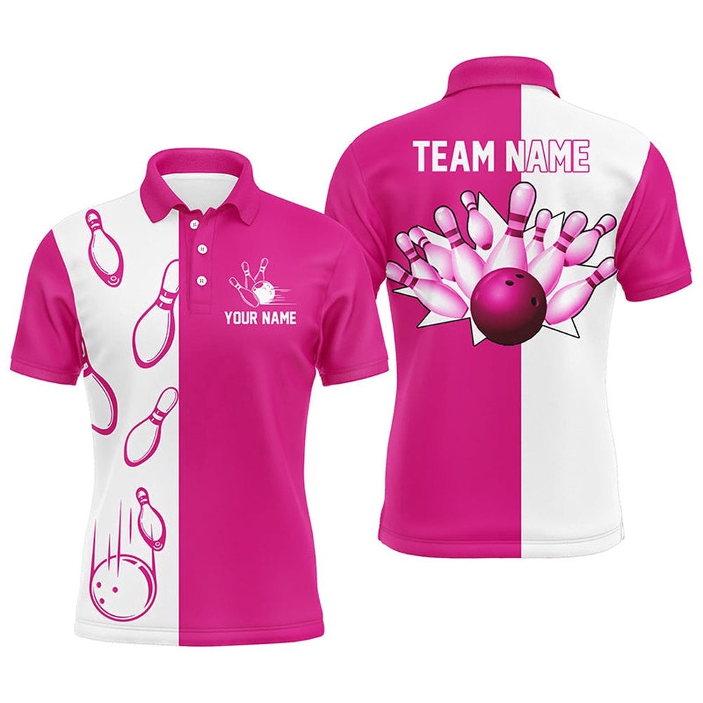 Pink And White Retro Vintage Bowling Polo Shirts For Men Custom Bowling Team Polo Shirt, Personalized Bowling Team Shirt Pink And White Retro Vintage Bowling Polo Shirts For Men Custom Bowling Team Polo Shirt, Personalized Bowling Team Shirt