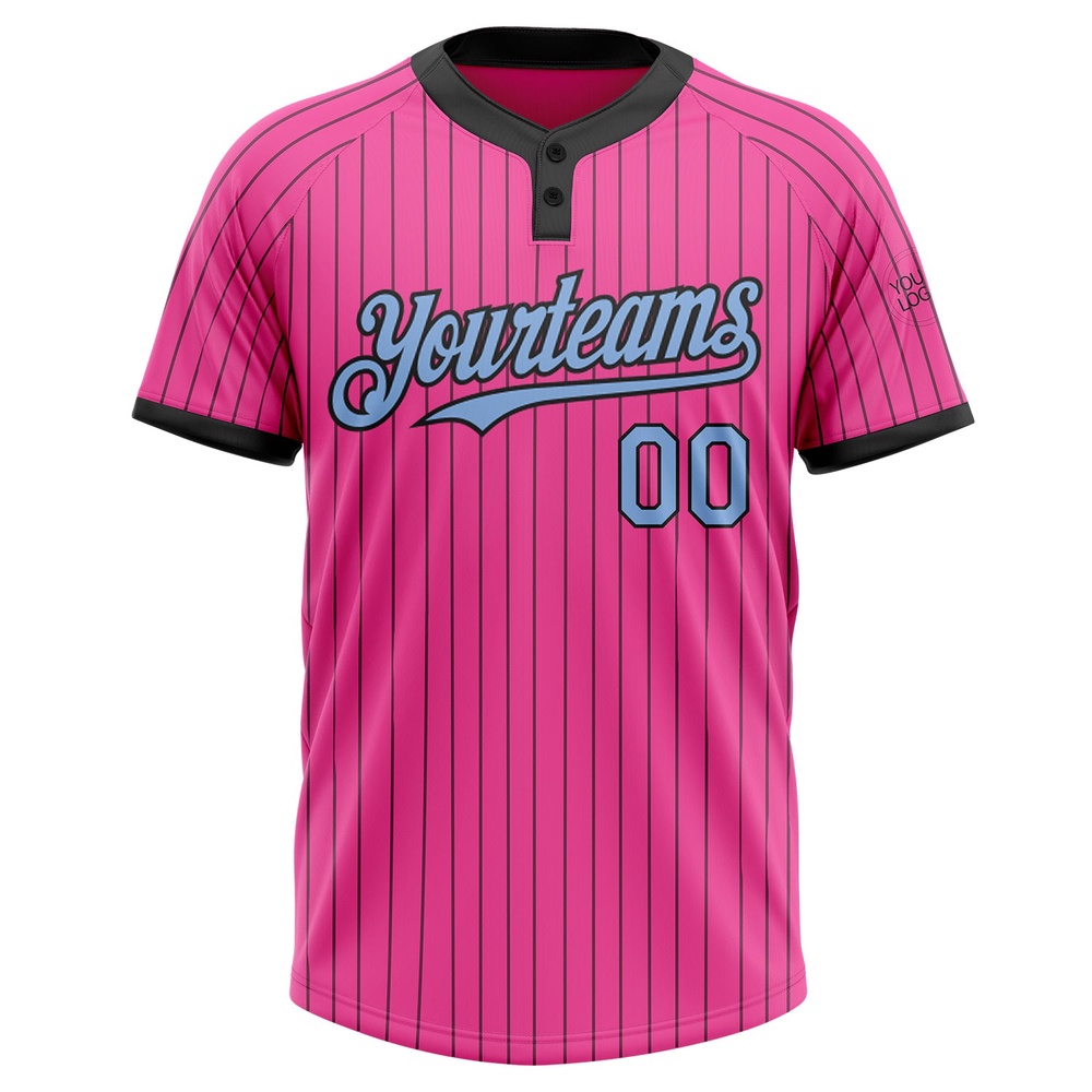 Pink Black Pinstripe Light Blue Two Button Unisex Softball Jersey, Custom Team Softball Jersey Pink Black Pinstripe Light Blue Two Button Unisex Softball Jersey, Custom Team Softball Jersey