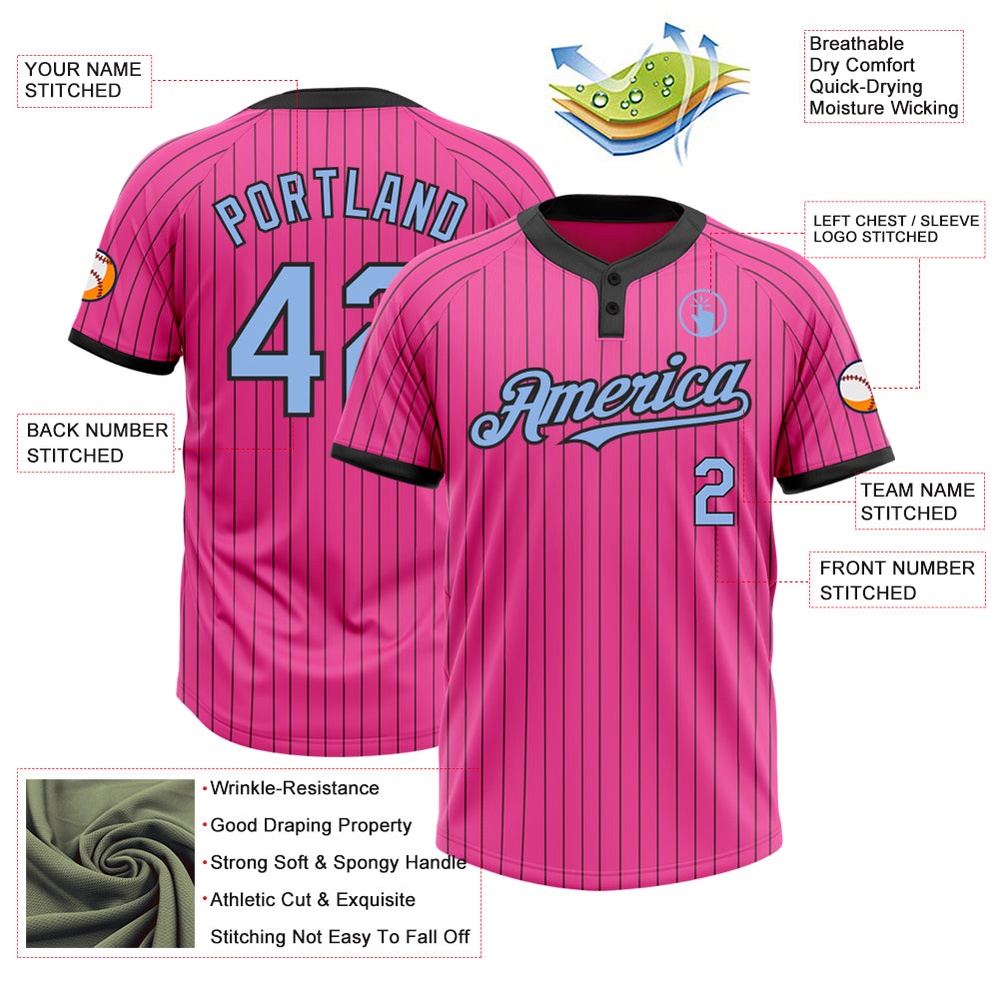 Pink Black Pinstripe Light Blue Two Button Unisex Softball Jersey, Custom Team Softball Jersey Pink Black Pinstripe Light Blue Two Button Unisex Softball Jersey, Custom Team Softball Jersey