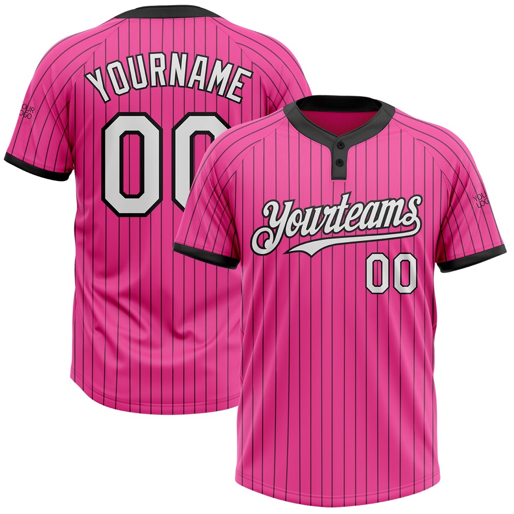 Pink Black Pinstripe White Two Button Unisex Softball Jersey, Custom Team Softball Jersey Pink Black Pinstripe White Two Button Unisex Softball Jersey, Custom Team Softball Jersey