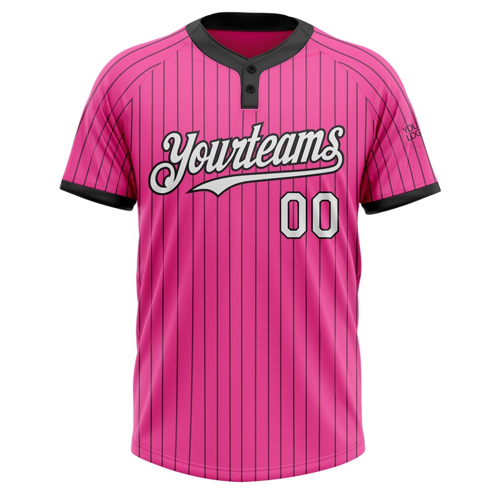 Pink Black Pinstripe White Two Button Unisex Softball Jersey, Custom Team Softball Jersey Pink Black Pinstripe White Two Button Unisex Softball Jersey, Custom Team Softball Jersey