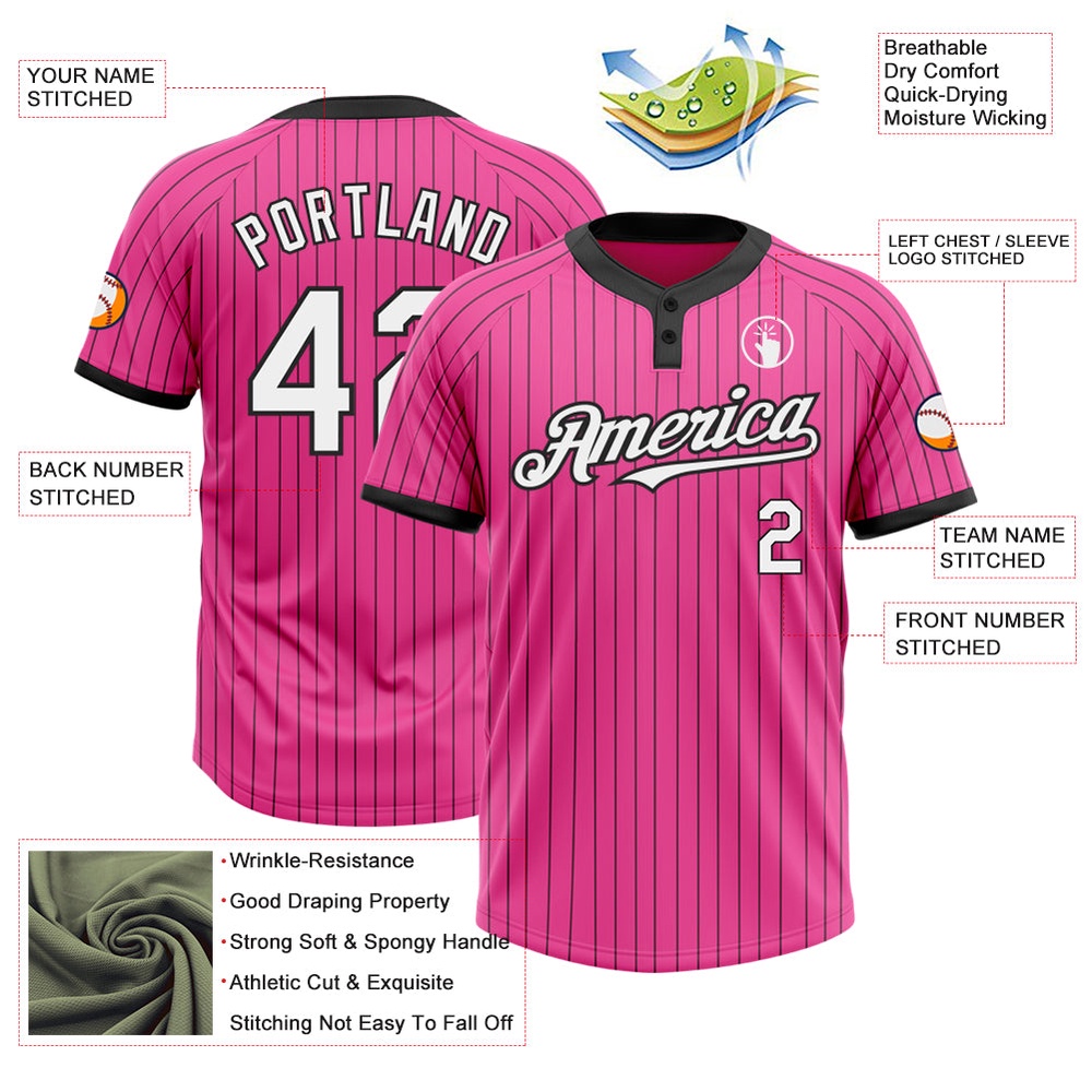 Pink Black Pinstripe White Two Button Unisex Softball Jersey, Custom Team Softball Jersey Pink Black Pinstripe White Two Button Unisex Softball Jersey, Custom Team Softball Jersey