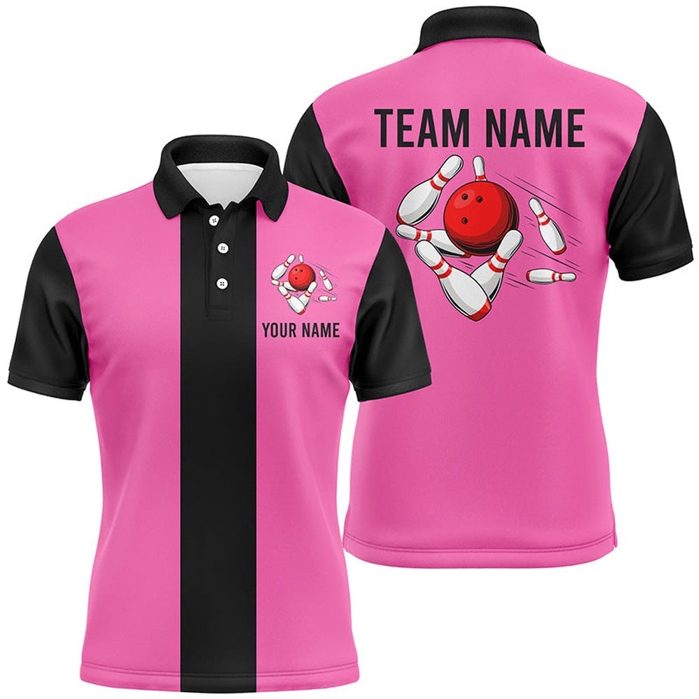 Pink Black Retro Bowling Polo Shirts For Men Custom Vintage Bowling Team Polo Shirt, Personalized Bowling Team Shirt Pink Black Retro Bowling Polo Shirts For Men Custom Vintage Bowling Team Polo Shirt, Personalized Bowling Team Shirt
