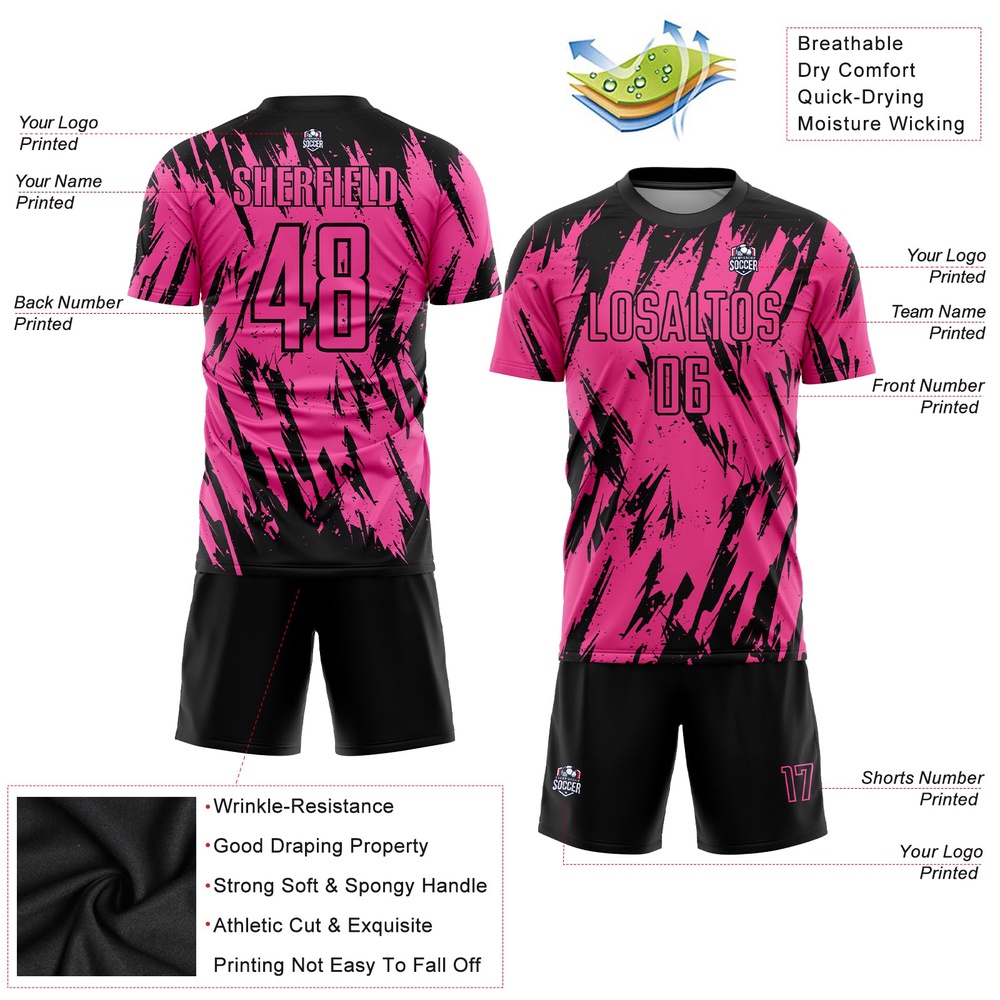 Pink Black Sublimation Soccer Uniform Jersey, Custom Team Soccer Jersey Shirt Pink Black Sublimation Soccer Uniform Jersey, Custom Team Soccer Jersey Shirt