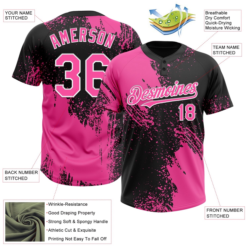 Pink Black White 3D Pattern Abstract Brush Stroke Two Button Unisex Softball Jersey, Custom Team Softball Jersey Pink Black White 3D Pattern Abstract Brush Stroke Two Button Unisex Softball Jersey, Custom Team Softball Jersey