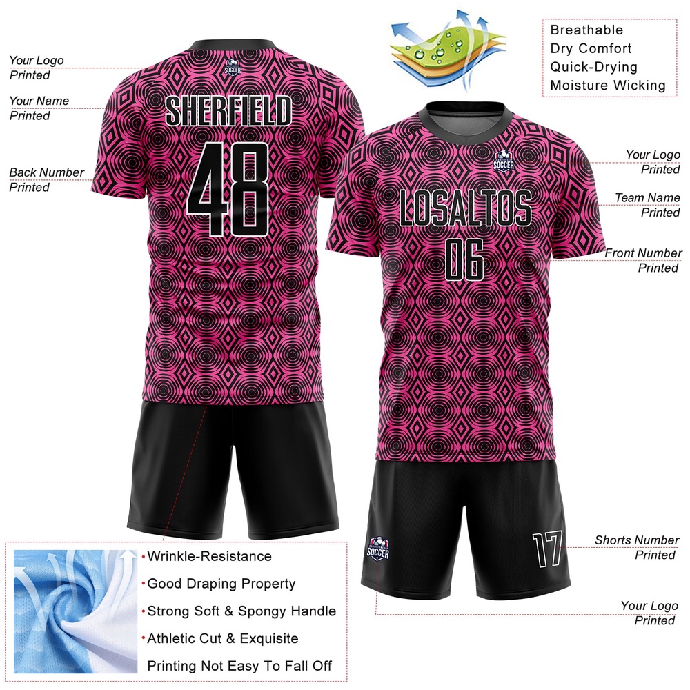 Pink Black White Geometric Shapes Sublimation Soccer Uniform Jersey, Custom Team Soccer Jersey Shirt Pink Black White Geometric Shapes Sublimation Soccer Uniform Jersey, Custom Team Soccer Jersey Shirt