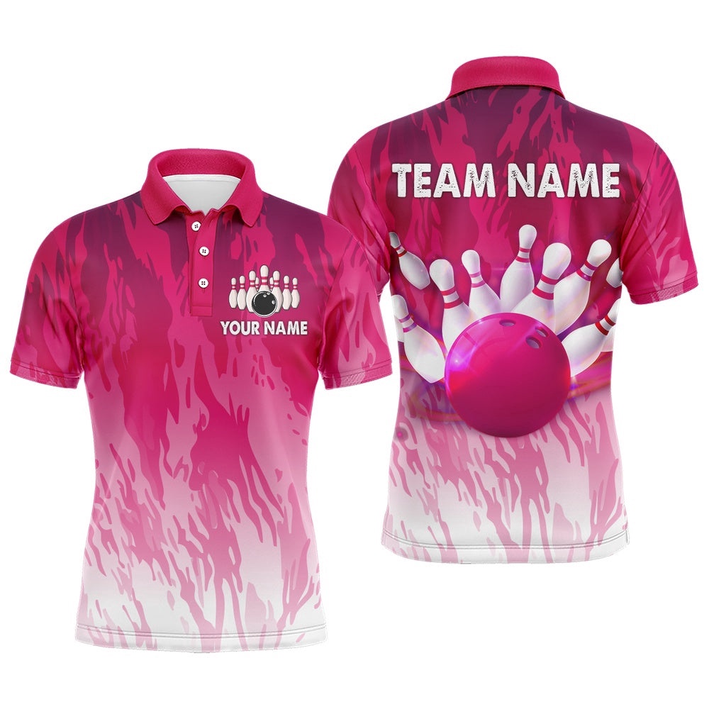 Pink Bowling Shirt For Men Couple Bowling Polo Shirt Team Custom Bowling Polo Shirt, Personalized Bowling Team Shirt