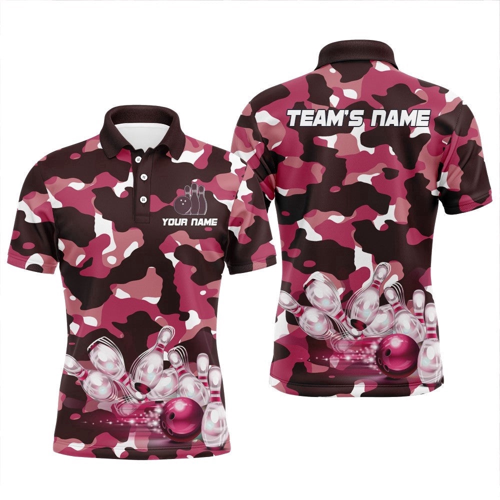 Pink Camo Bowling Shirts For Men Custom Bowling Polo Shirt Team Bowling Polo Shirt, Personalized Bowling Team Shirt