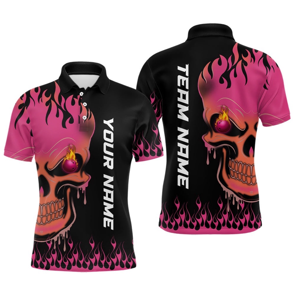 Pink Flame Bowling Skull Custom Men Polo Bowling Shirt, Team League Polo Shirt Gift For Bowlers, Personalized Bowling Team Shirt