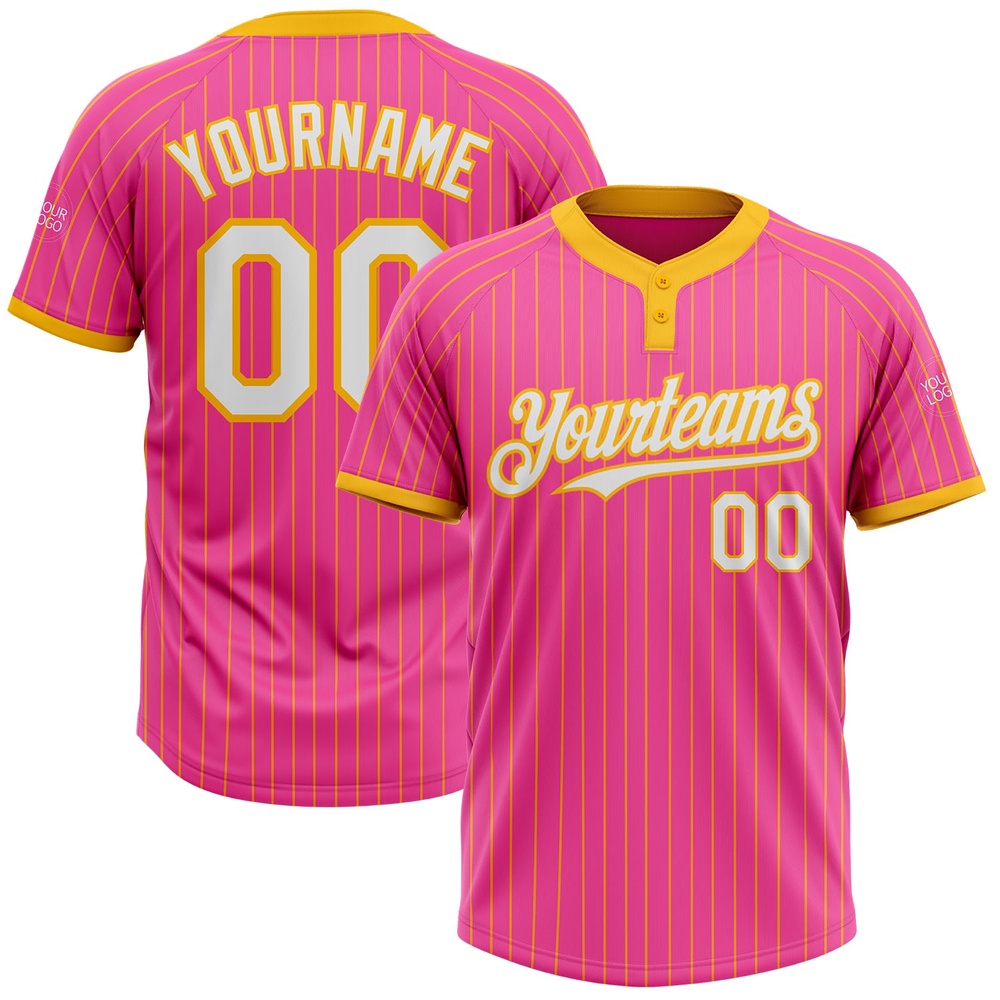 Pink Gold Pinstripe White Two Button Unisex Softball Jersey, Custom Team Softball Jersey Pink Gold Pinstripe White Two Button Unisex Softball Jersey, Custom Team Softball Jersey