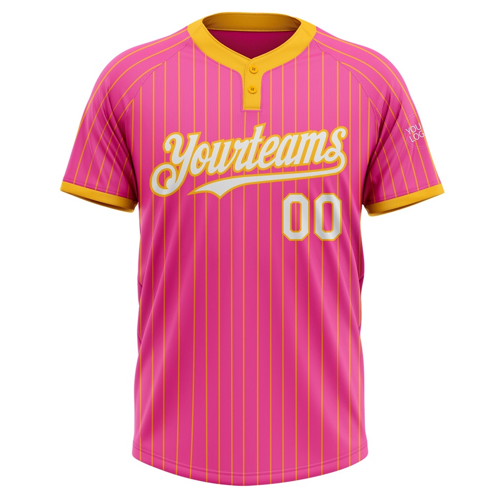 Pink Gold Pinstripe White Two Button Unisex Softball Jersey, Custom Team Softball Jersey Pink Gold Pinstripe White Two Button Unisex Softball Jersey, Custom Team Softball Jersey