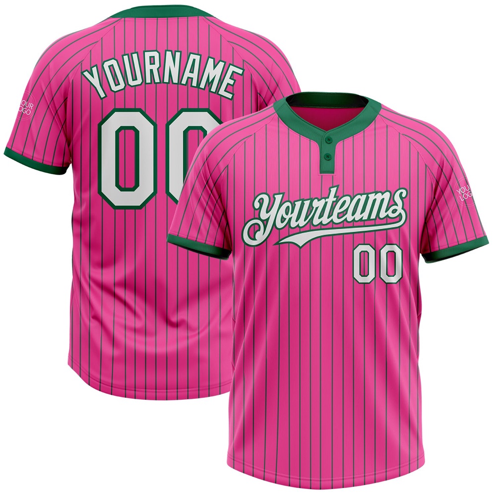 Pink Kelly Green Pinstripe White Two Button Unisex Softball Jersey, Custom Team Softball Jersey Pink Kelly Green Pinstripe White Two Button Unisex Softball Jersey, Custom Team Softball Jersey