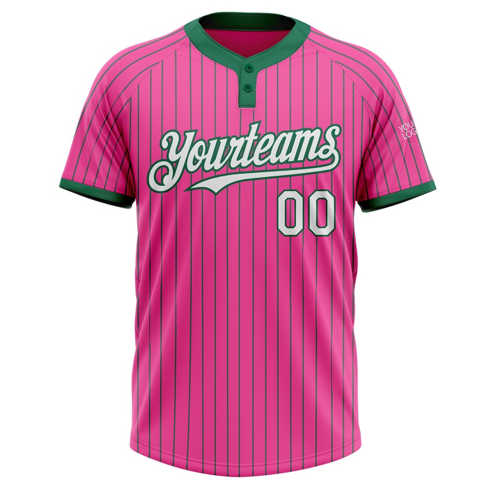 Pink Kelly Green Pinstripe White Two Button Unisex Softball Jersey, Custom Team Softball Jersey Pink Kelly Green Pinstripe White Two Button Unisex Softball Jersey, Custom Team Softball Jersey