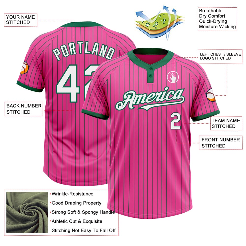 Pink Kelly Green Pinstripe White Two Button Unisex Softball Jersey, Custom Team Softball Jersey Pink Kelly Green Pinstripe White Two Button Unisex Softball Jersey, Custom Team Softball Jersey