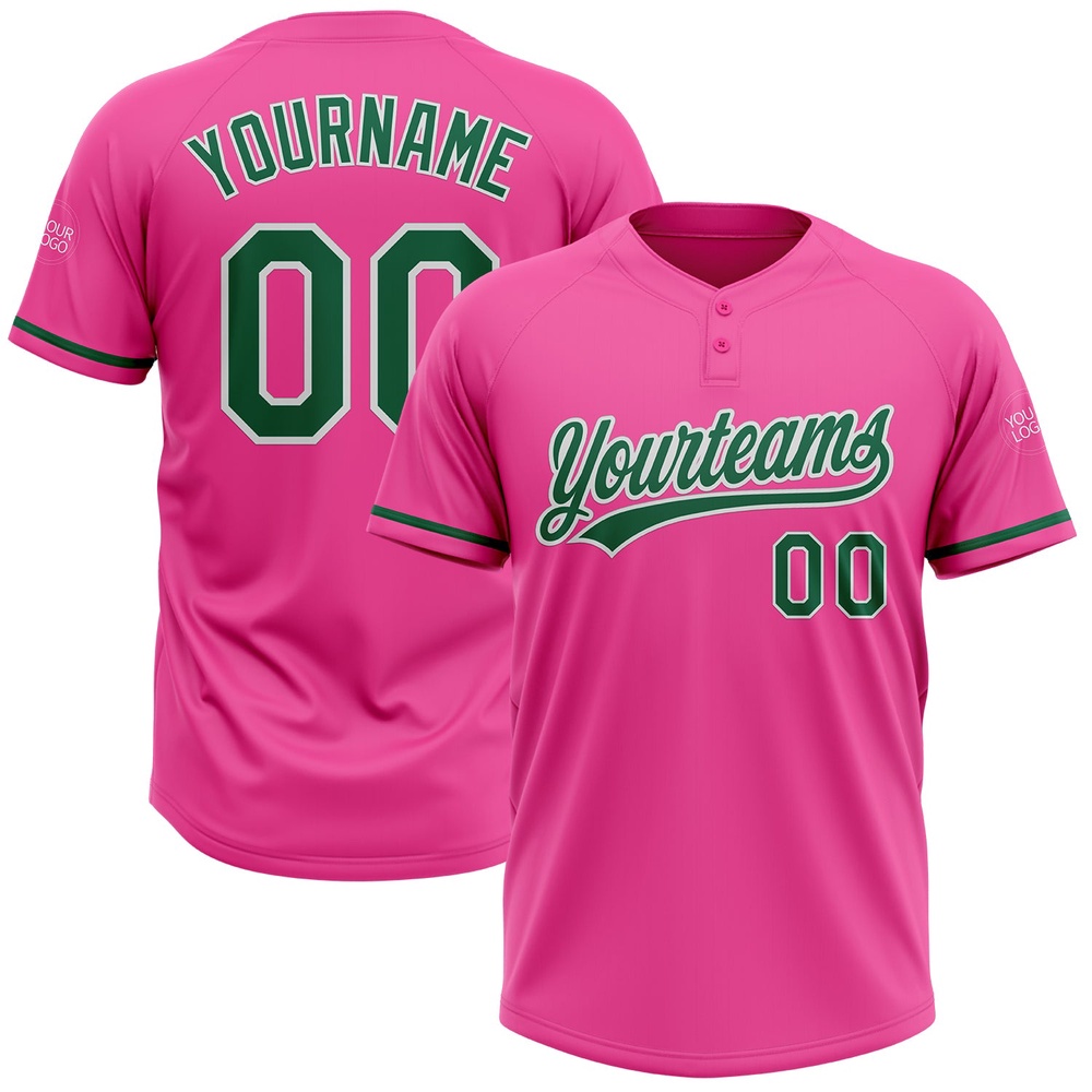 Pink Kelly Green White Two Button Unisex Softball Jersey, Custom Team Softball Jersey Pink Kelly Green White Two Button Unisex Softball Jersey, Custom Team Softball Jersey