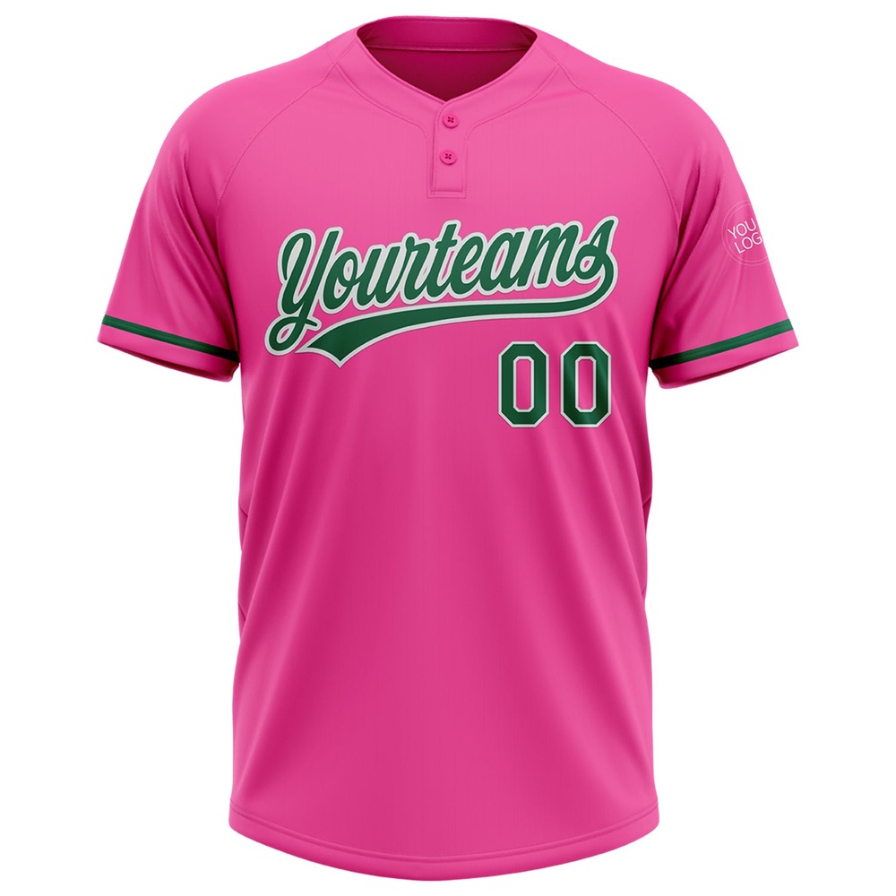 Pink Kelly Green White Two Button Unisex Softball Jersey, Custom Team Softball Jersey Pink Kelly Green White Two Button Unisex Softball Jersey, Custom Team Softball Jersey
