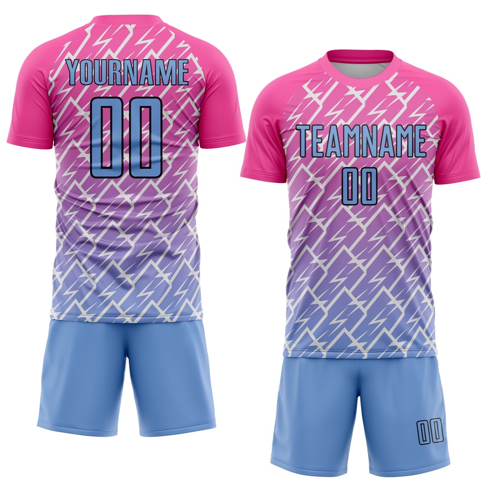 Pink Light Blue Black Lightning Sublimation Soccer Uniform Jersey, Custom Team Soccer Jersey Shirt Pink Light Blue Black Lightning Sublimation Soccer Uniform Jersey, Custom Team Soccer Jersey Shirt