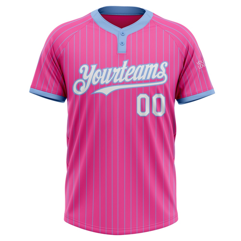 Pink Light Blue Pinstripe White Two Button Unisex Softball Jersey, Custom Team Softball Jersey Pink Light Blue Pinstripe White Two Button Unisex Softball Jersey, Custom Team Softball Jersey
