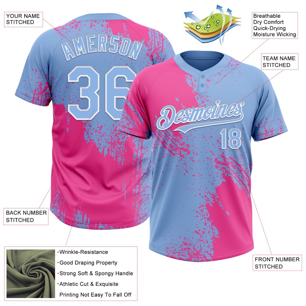 Pink Light Blue White 3D Pattern Abstract Brush Stroke Two Button Unisex Softball Jersey, Custom Team Softball Jersey Pink Light Blue White 3D Pattern Abstract Brush Stroke Two Button Unisex Softball Jersey, Custom Team Softball Jersey