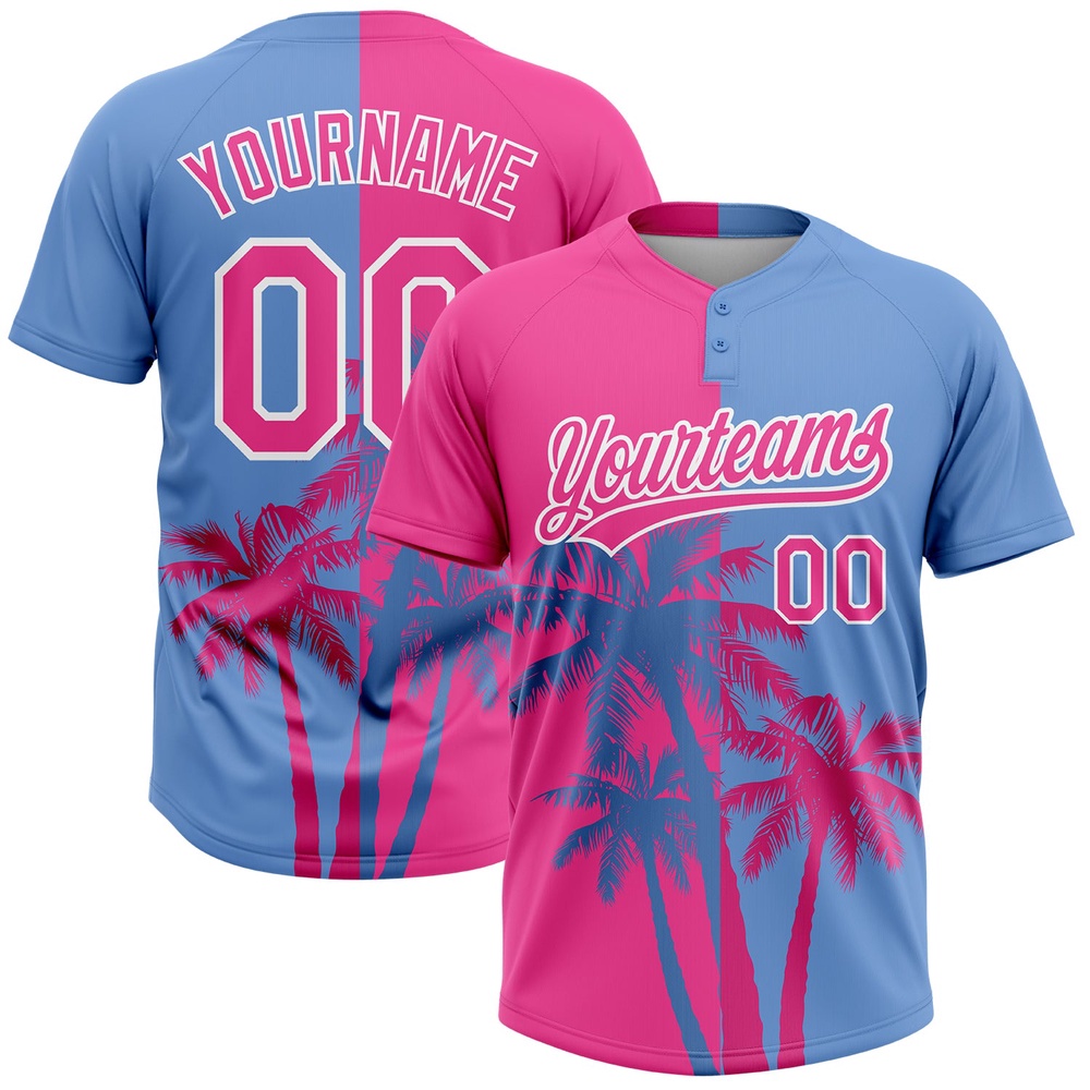Pink Light Blue White 3D Pattern Hawaii Coconut Trees Two Button Unisex Softball Jersey, Custom Team Softball Jersey Pink Light Blue White 3D Pattern Hawaii Coconut Trees Two Button Unisex Softball Jersey, Custom Team Softball Jersey
