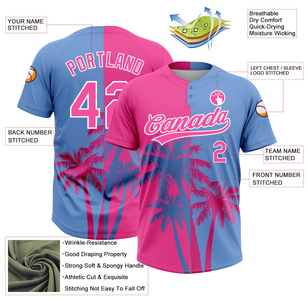 Pink Light Blue White 3D Pattern Hawaii Coconut Trees Two Button Unisex Softball Jersey, Custom Team Softball Jersey Pink Light Blue White 3D Pattern Hawaii Coconut Trees Two Button Unisex Softball Jersey, Custom Team Softball Jersey