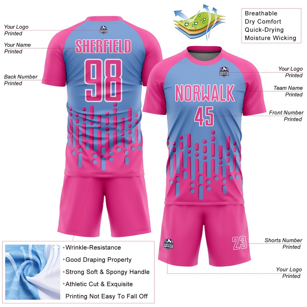 Pink Light Blue White Abstract Fluid Wave Sublimation Soccer Uniform Jersey, Custom Team Soccer Jersey Shirt Pink Light Blue White Abstract Fluid Wave Sublimation Soccer Uniform Jersey, Custom Team Soccer Jersey Shirt