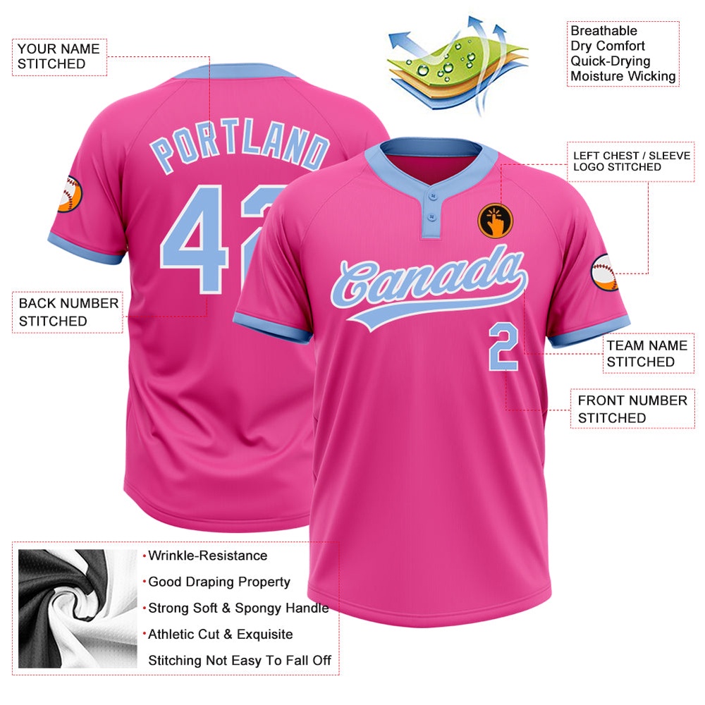 Pink Light Blue White Two Button Unisex Softball Jersey, Custom Team Softball Jersey Pink Light Blue White Two Button Unisex Softball Jersey, Custom Team Softball Jersey