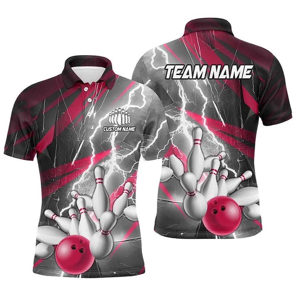 Pink Lightning Strike Custom Bowling Polo Shirts For Men, Team Bowling Shirts Bowler Outfit, Personalized Bowling Team Shirt Pink Lightning Strike Custom Bowling Polo Shirts For Men, Team Bowling Shirts Bowler Outfit, Personalized Bowling Team Shirt