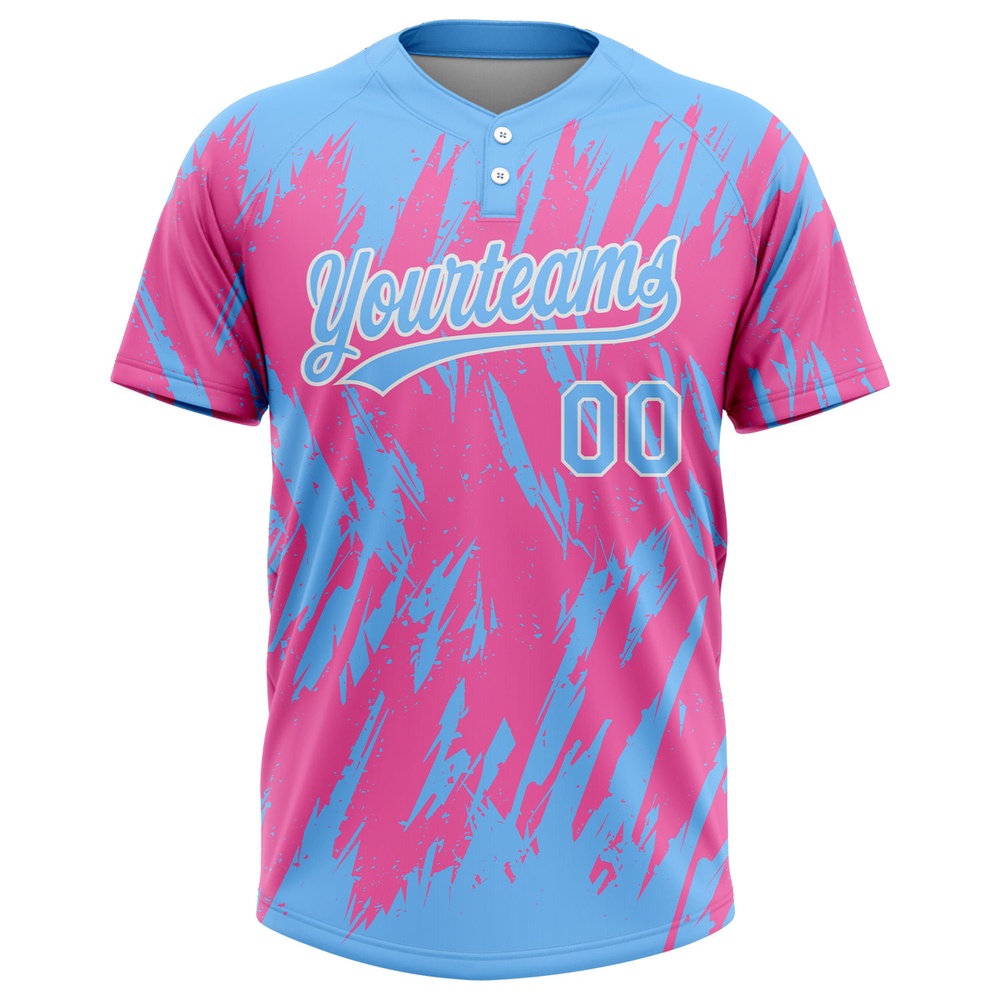 Pink Powder Blue White 3D Pattern Two Button Unisex Softball Jersey, Custom Team Softball Jersey Pink Powder Blue White 3D Pattern Two Button Unisex Softball Jersey, Custom Team Softball Jersey